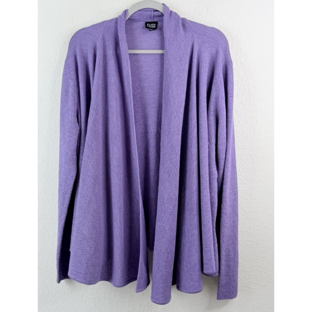 Eileen Fisher 100% Wool Open Front Cardigan XL Purple Draped Lightweight Knit